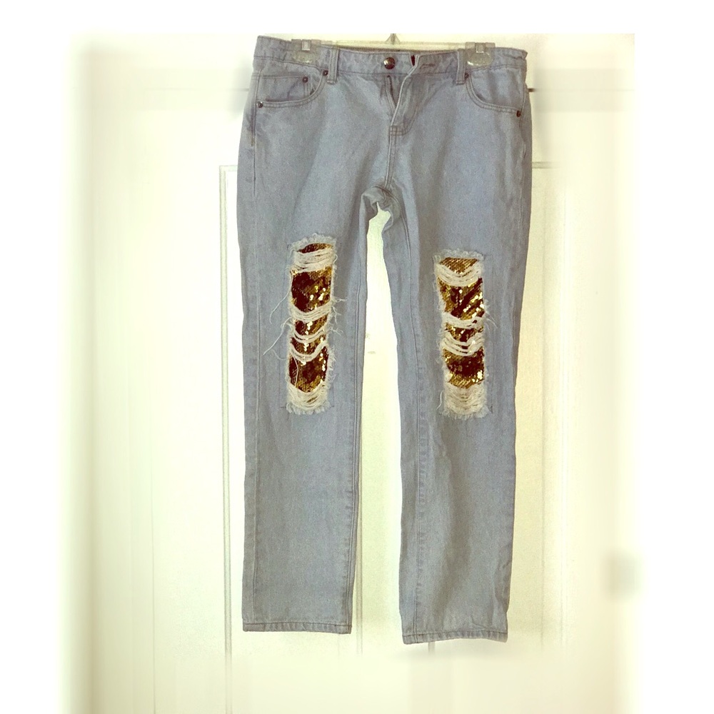 Denim Ripped Gold Sparkle Jeans